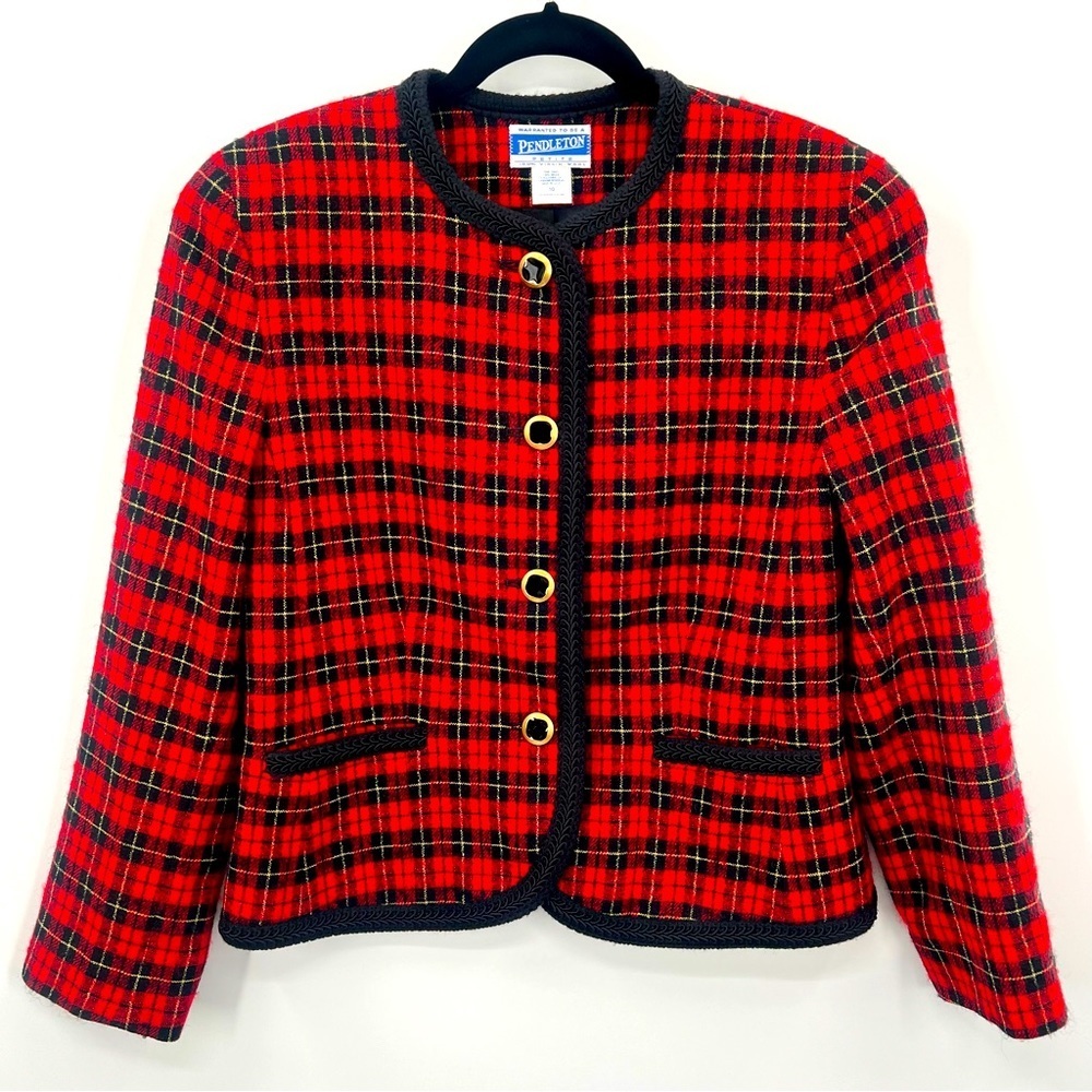 Vintage Pendleton Petite 100% Virgin Wool Tartan Plaid Red Blazer Jacket 10 y2k